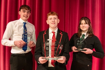 Young musician winners 2025 Winner Tyler Clark from West Calder High School, with runners up Colum Cameron from Linlithgow Academy and St Kentigern’s Academy's Julia Bojczuk.
