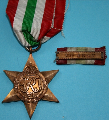 The Italy Star was awarded for one or more days’ service in Sicily or Italy (and Yugoslavia, Greece, Corsica or Sardinia) between certain qualifying dates. Medal was awarded to resident of Broxburn who attended Broxburn High School.