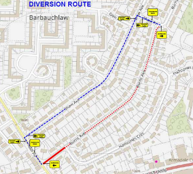 Map of closure and diversion for Burns Avenue