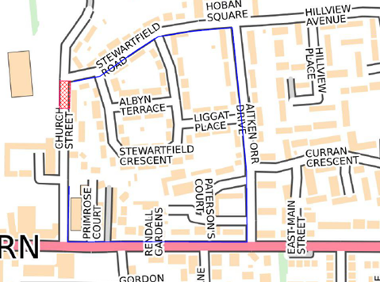 Map of Closure and diversion of Church Street Broxburn